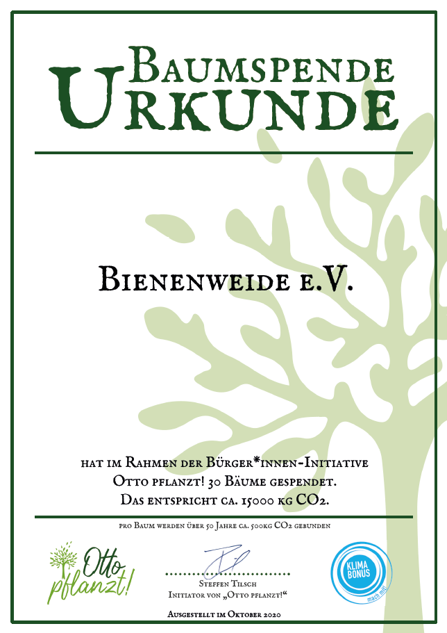 Urkunde Otto pflanzt über 30 Bäume von Bienenweide e.V.